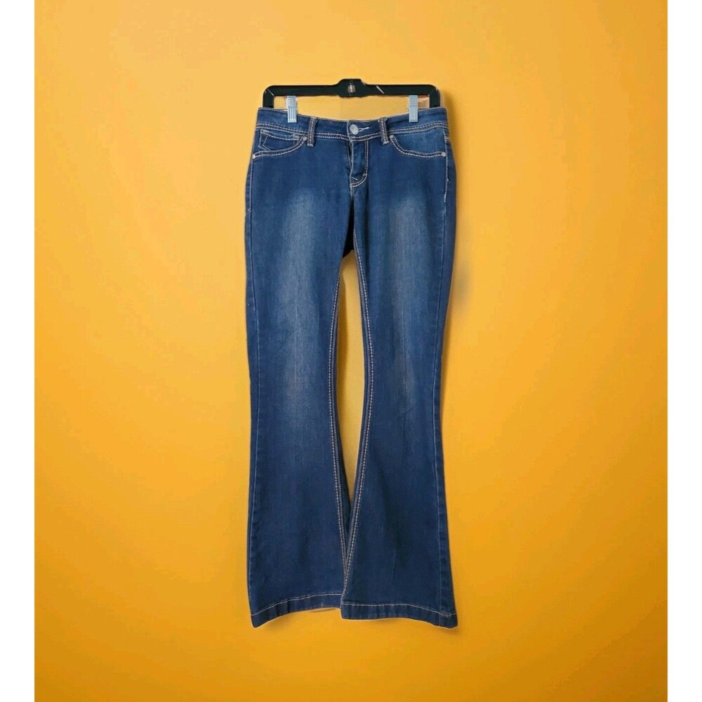 Vtg Rewash Flares Jeans Size 5 Denim Juniors Women Stretch Flap Pocket Dark Blue